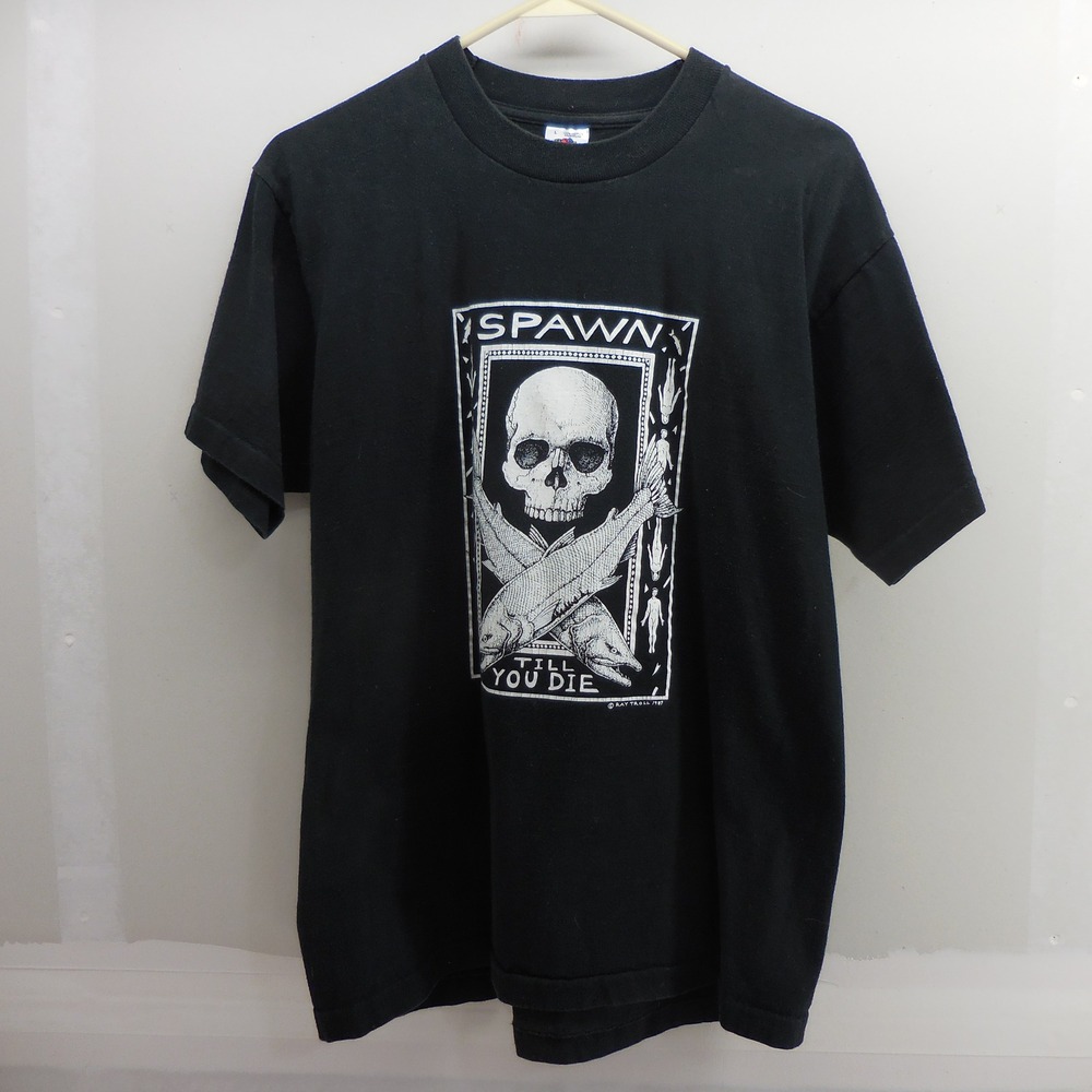 Vintage 1987 Ray Troll Spawn Till You Die T-Shirt Skull Fish Black Large USA